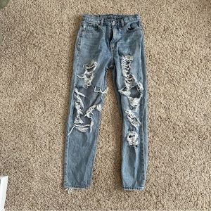 american eagle blown out blue mom jeans